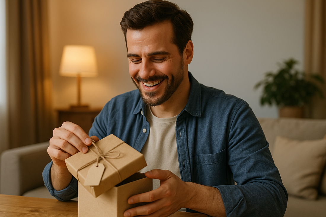 Mann öffnet freudig ein Geschenk in gemütlicher Wohnzimmeratmosphäre – Symbol für persönliche und bedeutungsvolle Geschenkideen für Männer.