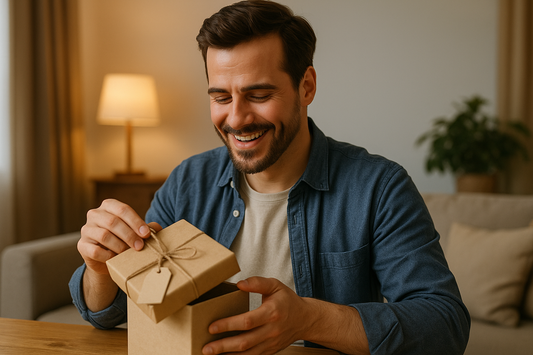 Mann öffnet freudig ein Geschenk in gemütlicher Wohnzimmeratmosphäre – Symbol für persönliche und bedeutungsvolle Geschenkideen für Männer.