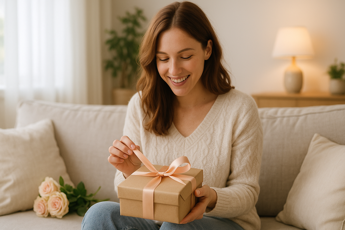 Frau öffnet freudig ein Geschenk – Symbol für emotionale, persönliche und liebevolle Geschenkideen für Frauen.