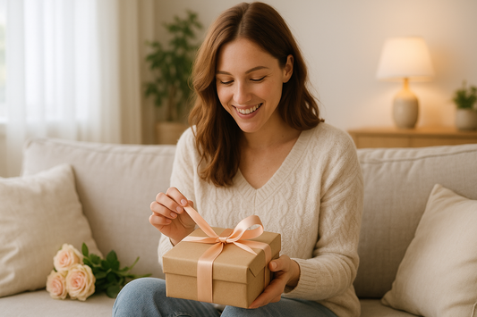 Frau öffnet freudig ein Geschenk – Symbol für emotionale, persönliche und liebevolle Geschenkideen für Frauen.