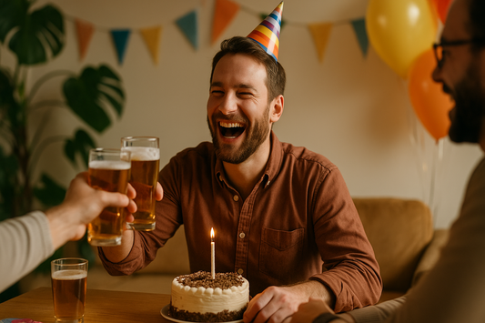 Mann lacht und stößt mit Freunden an – Symbol für humorvolle und fröhliche Geburtstagssprüche für Männer.