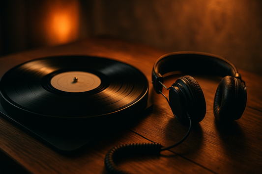 Vintage-Schallplatte mit Kopfhörern – Symbol für den meistverkauften Soundtrack aller Zeiten, The Bodyguard von Whitney Houston.