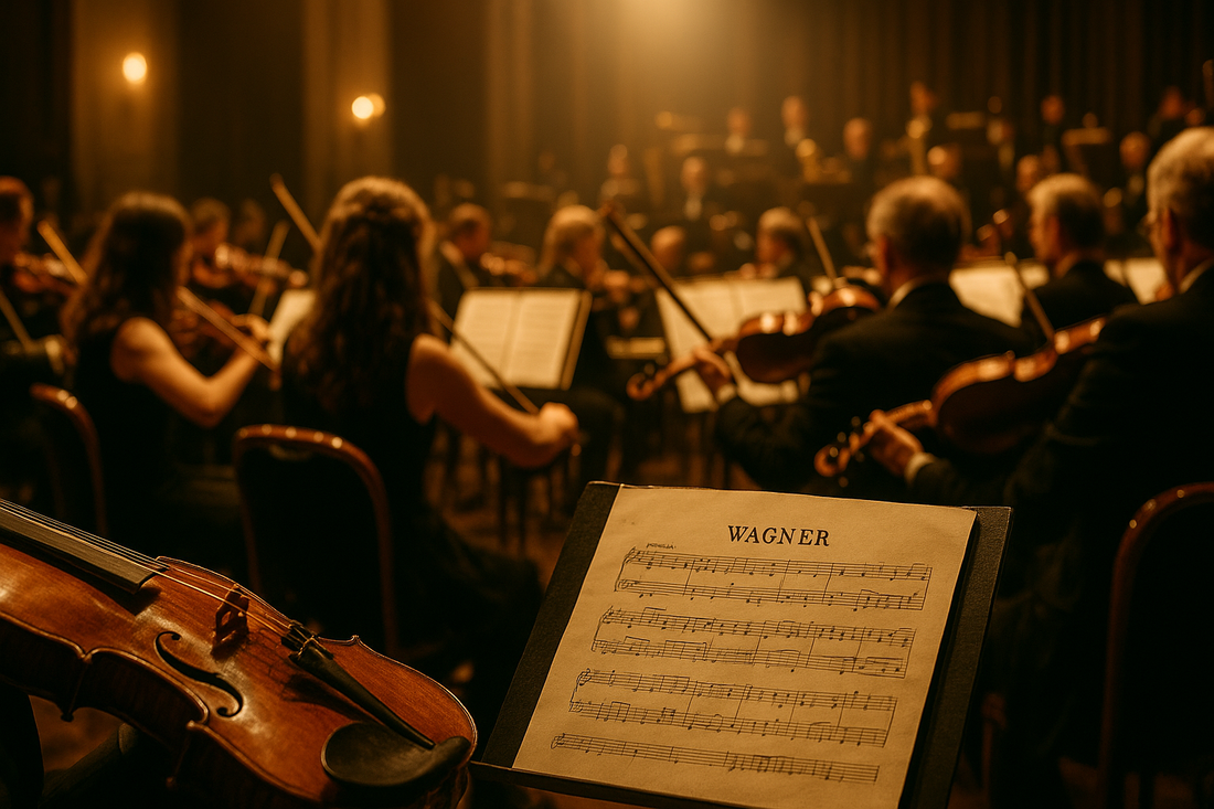 Orchester im goldenen Licht mit Wagners Partitur – Symbol für die bekanntesten Werke von Richard Wagner.