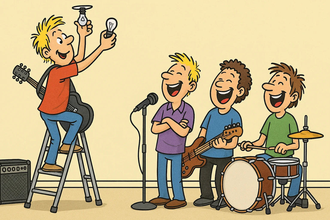Cartoon von Musiker der eine Glühbirne wechselt
