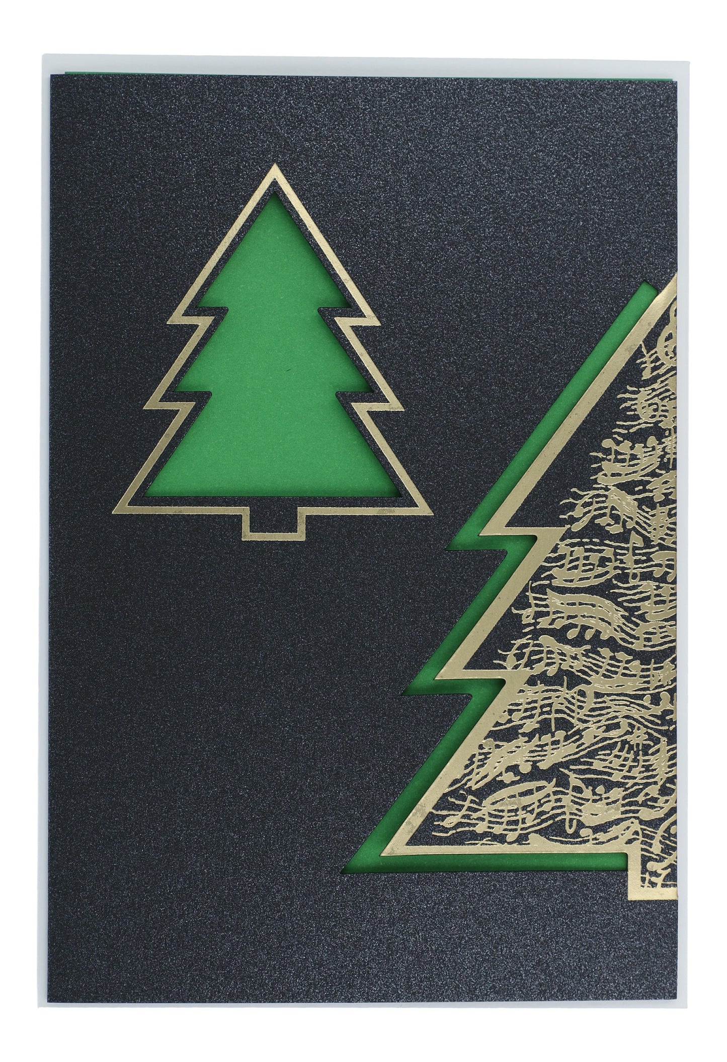 Doppelkarte Weihnachtsbaum mit Notenlinien, grün-gold