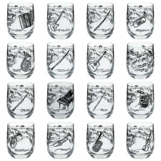 Glas mit Instrumenten und musikalischen Motiven