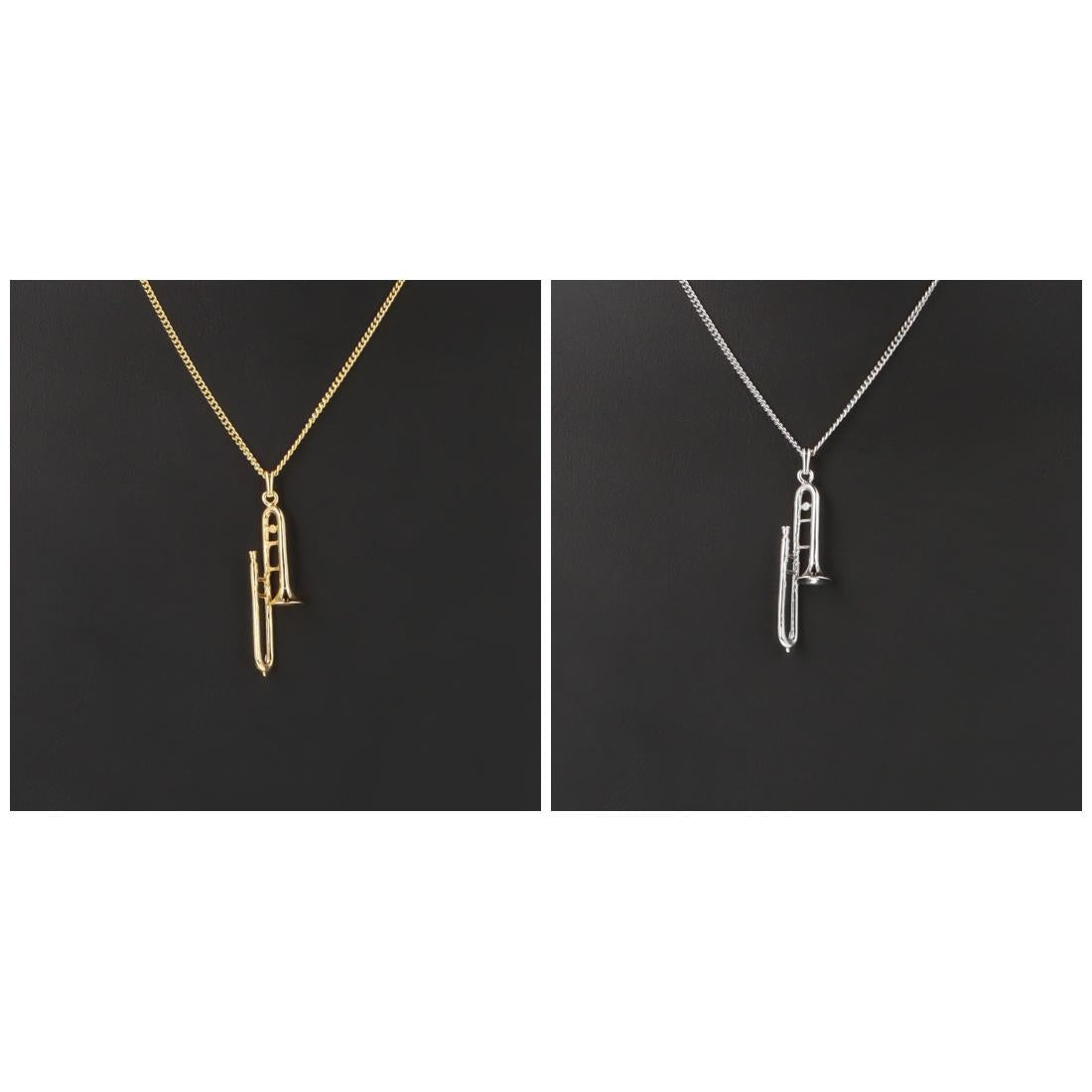Trombone pendant, with chain, silver-plated or gold-plated, brass music