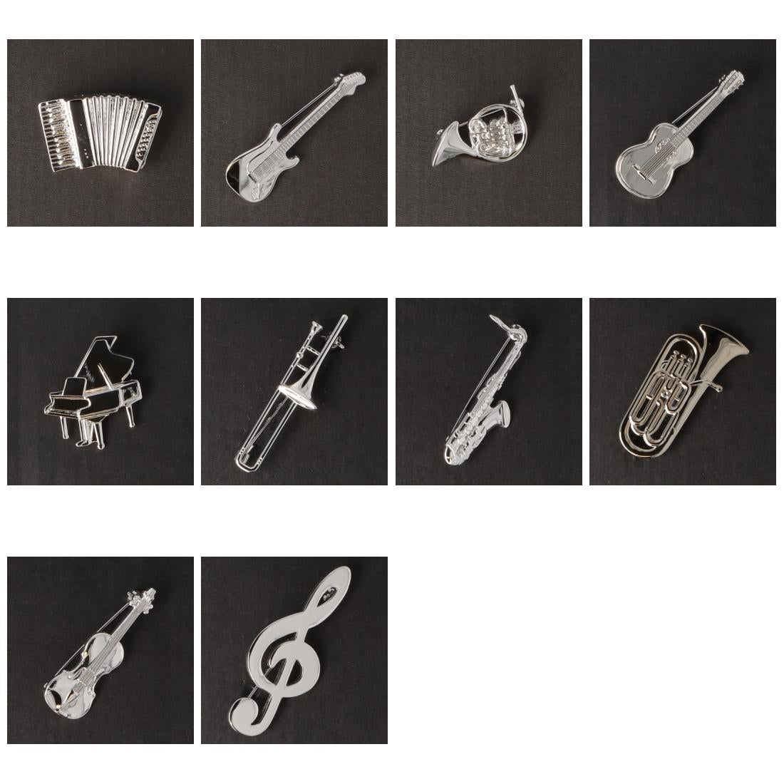 Instrumenten-Brosche, verschiedene Ausführungen, versilbert