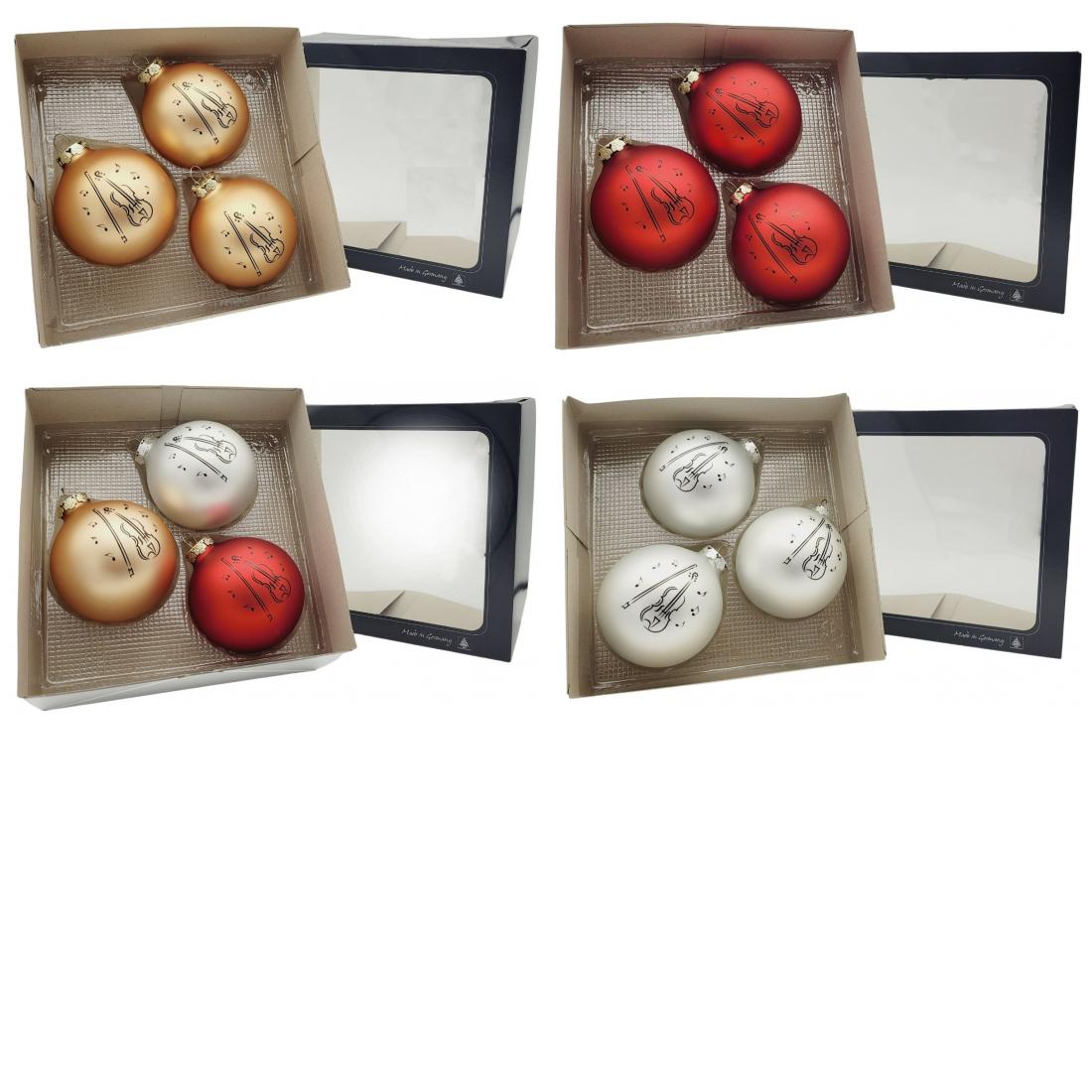 3er-Set Weihnachtskugeln mit Violine-Druck, verschiedene Farben