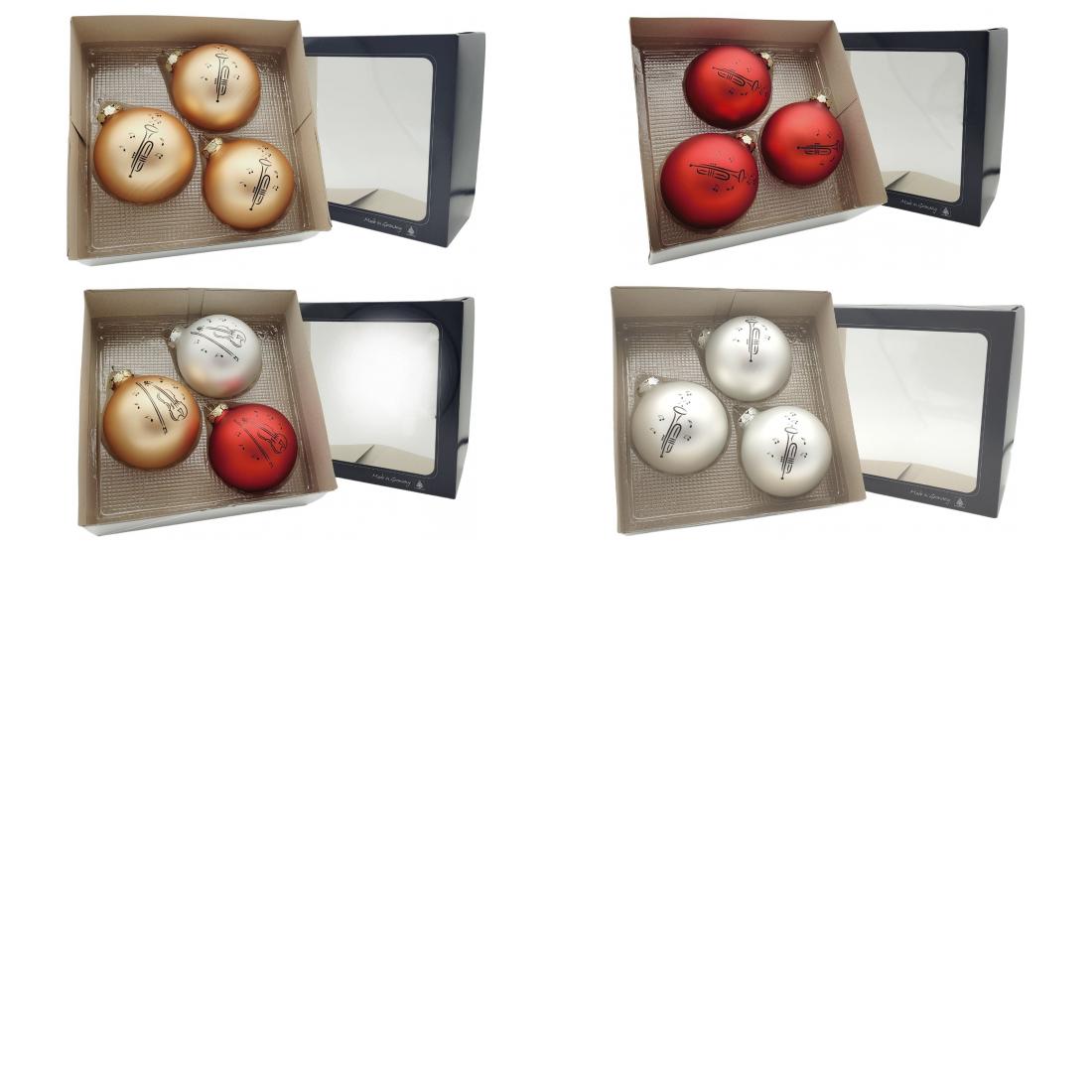 3er-Set Weihnachtskugeln mit Trompete-Druck, verschiedene Farben