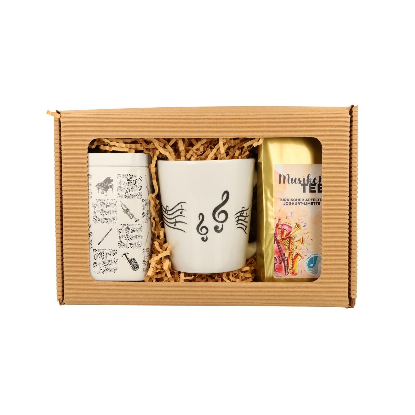Geschenkset mit Musik-Henkelbecher, Musikertee und Teedose