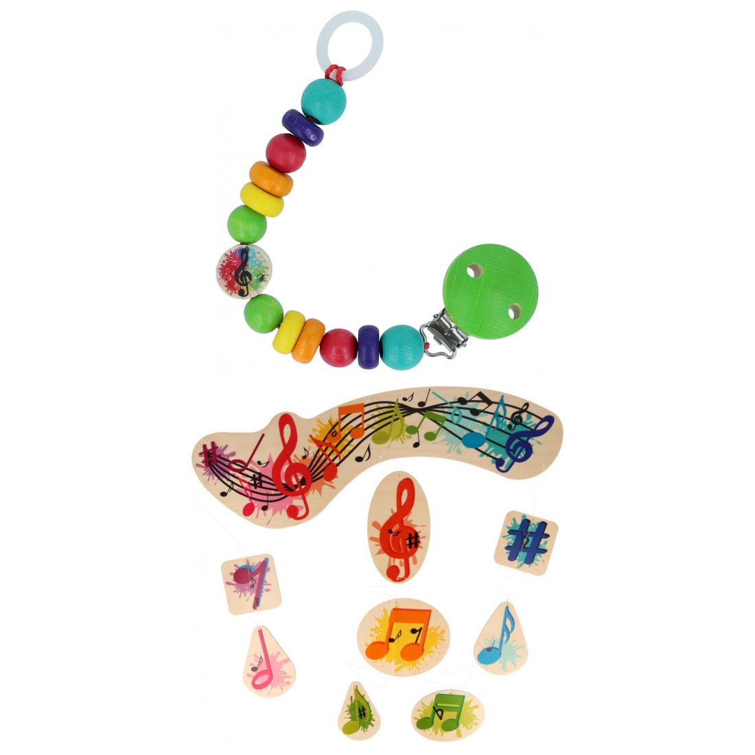 Baby-Geschenkset aus buntem Holz-Mobile mit Noten und Schnullerkette