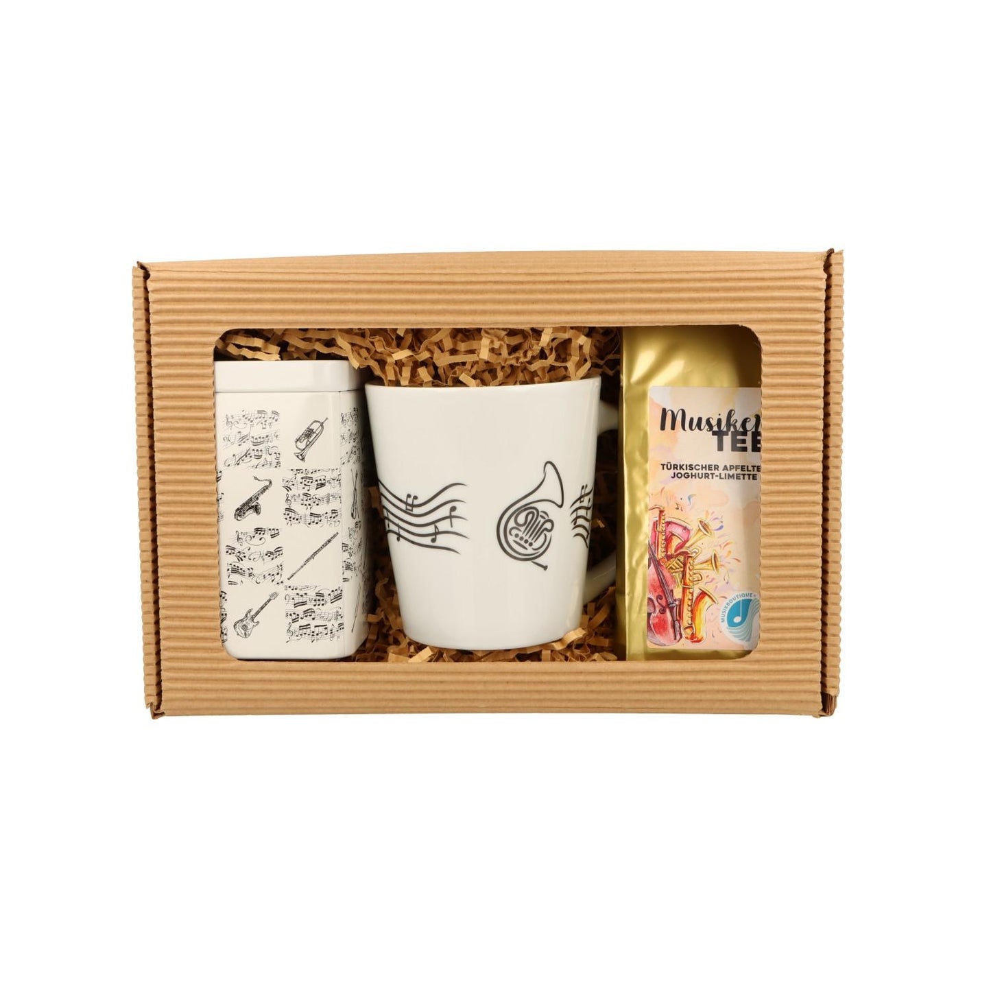 Geschenkset mit Musik-Henkelbecher, Musikertee und Teedose