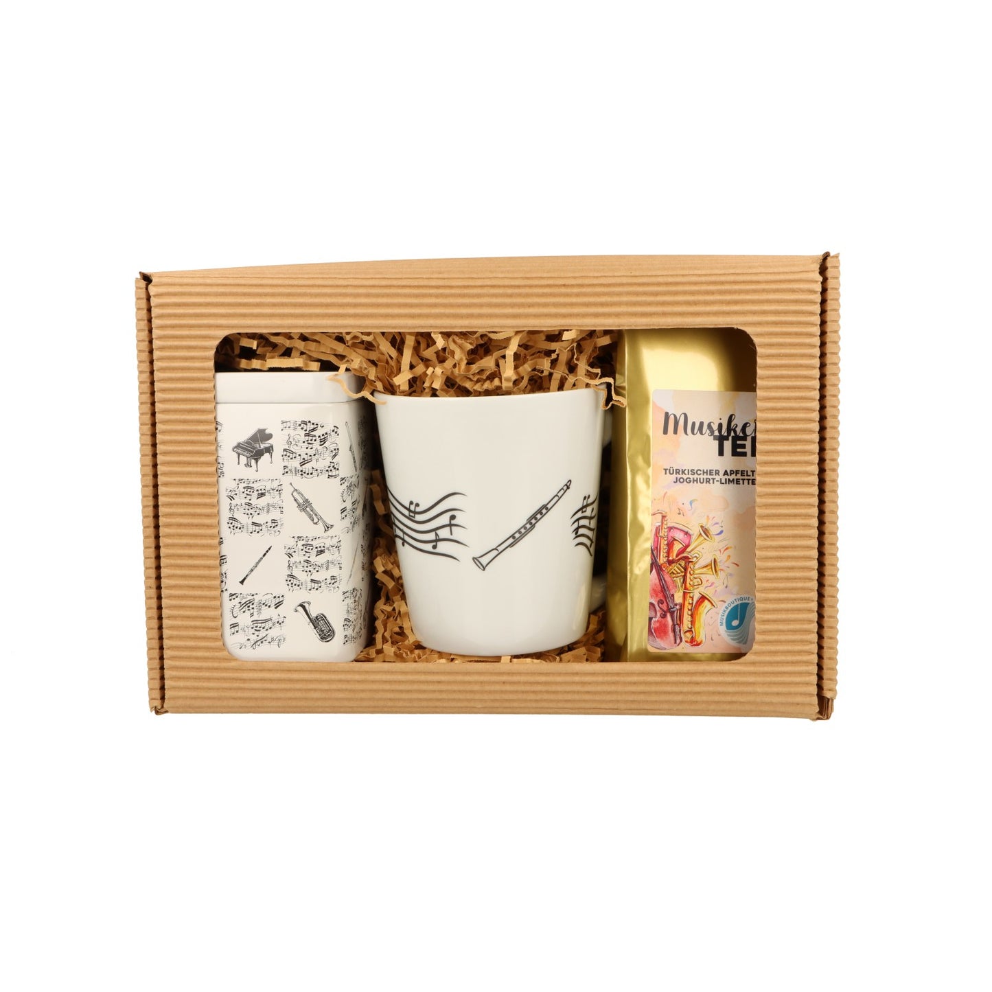 Geschenkset mit Musik-Henkelbecher, Musikertee und Teedose