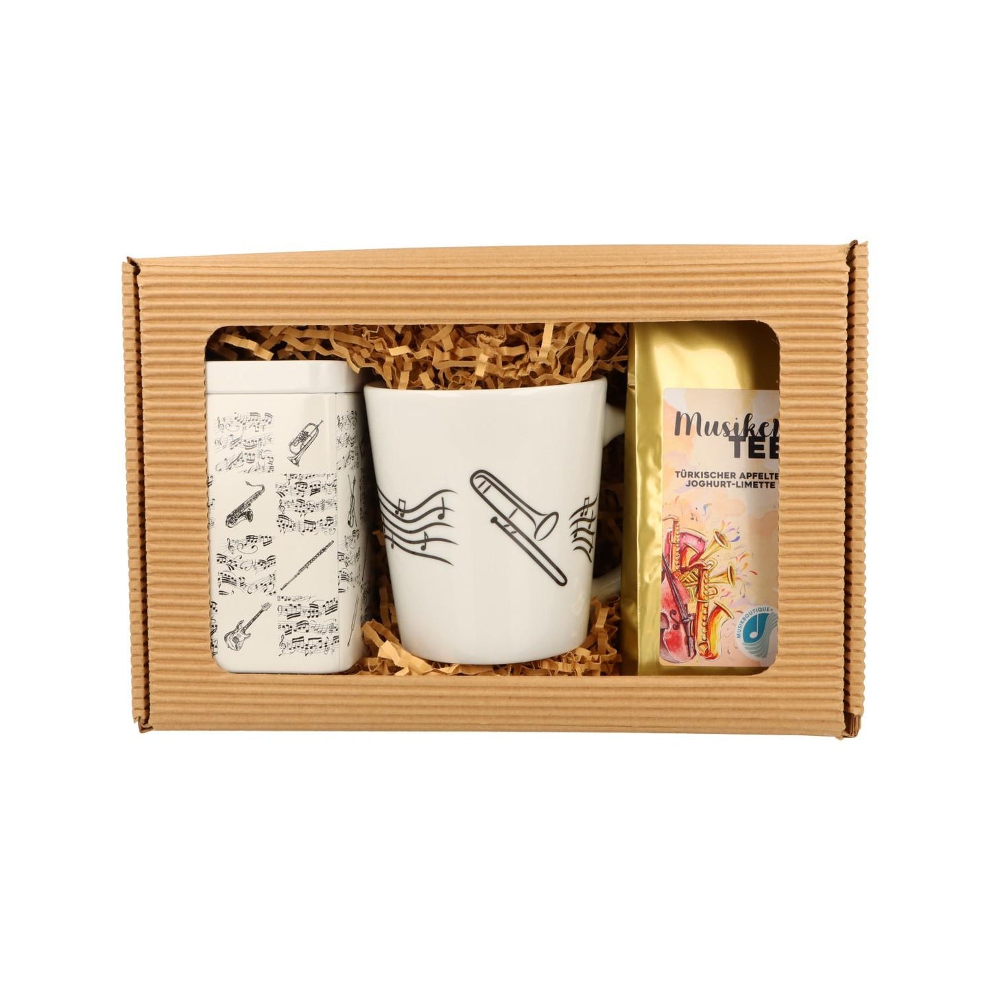 Geschenkset mit Musik-Henkelbecher, Musikertee und Teedose