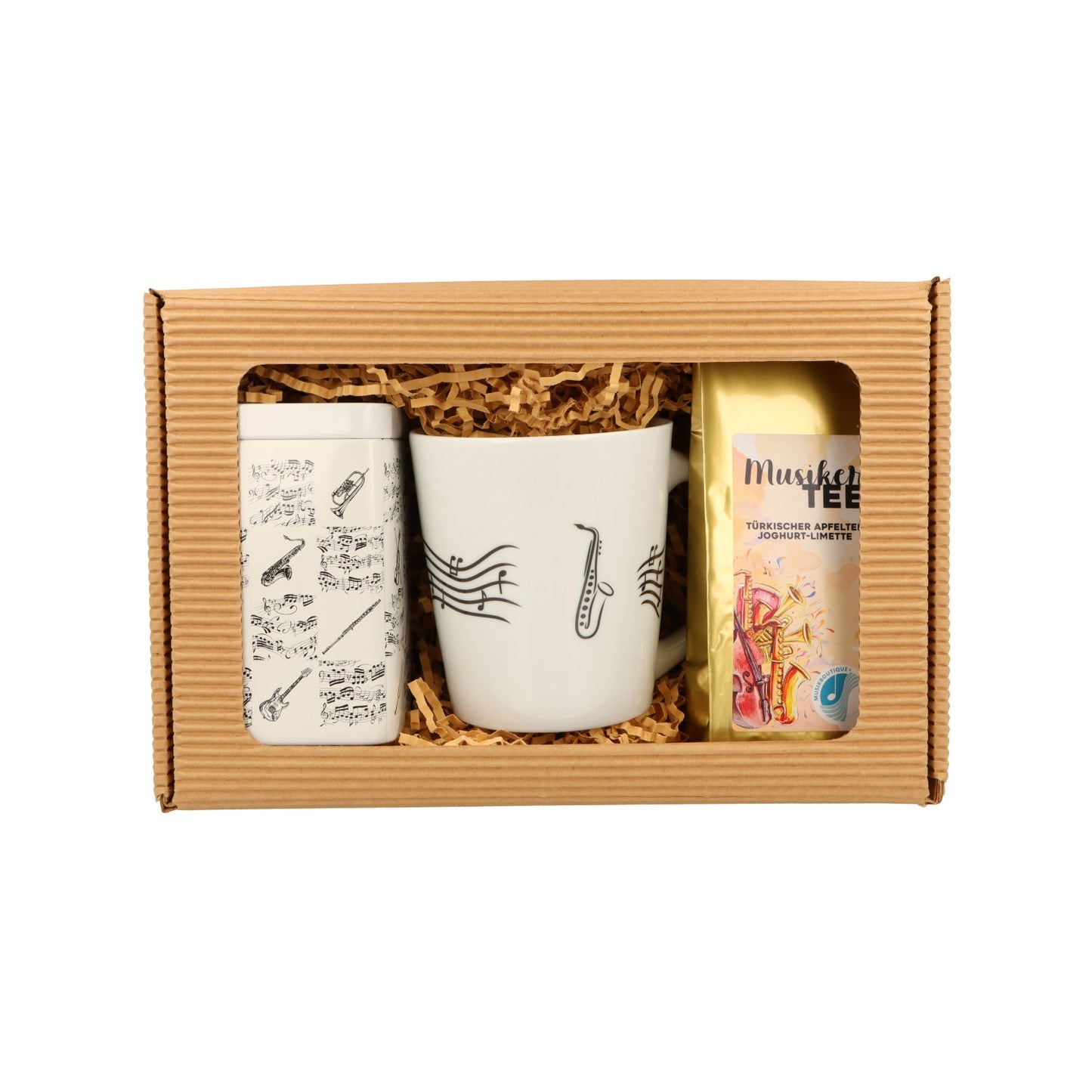 Geschenkset mit Musik-Henkelbecher, Musikertee und Teedose