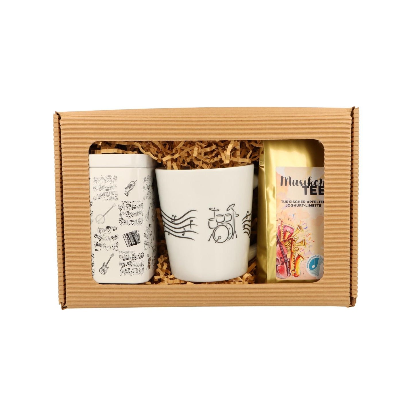 Geschenkset mit Musik-Henkelbecher, Musikertee und Teedose