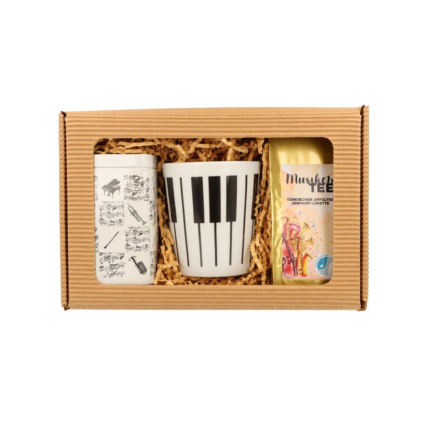 Geschenkset mit Musik-Henkelbecher, Musikertee und Teedose