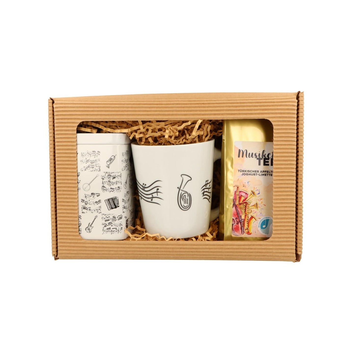 Geschenkset mit Musik-Henkelbecher, Musikertee und Teedose
