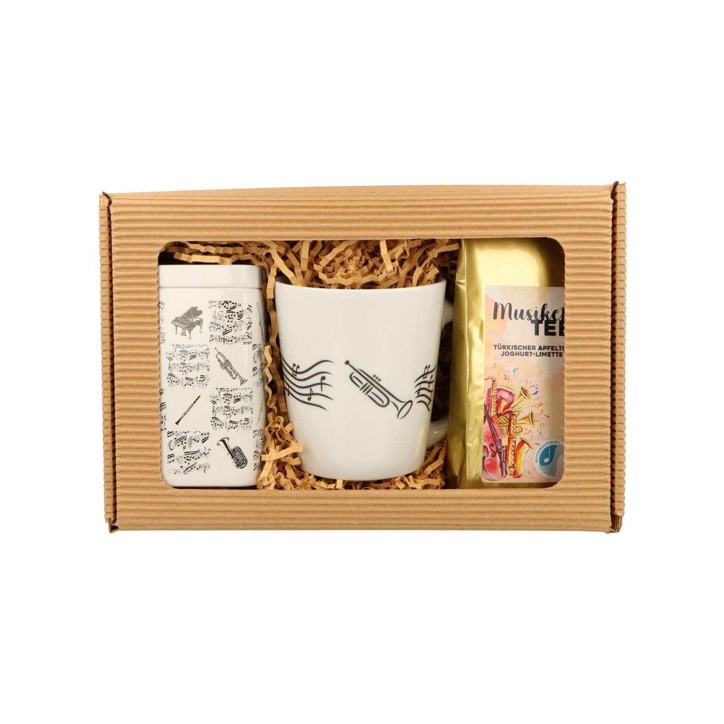 Geschenkset mit Musik-Henkelbecher, Musikertee und Teedose