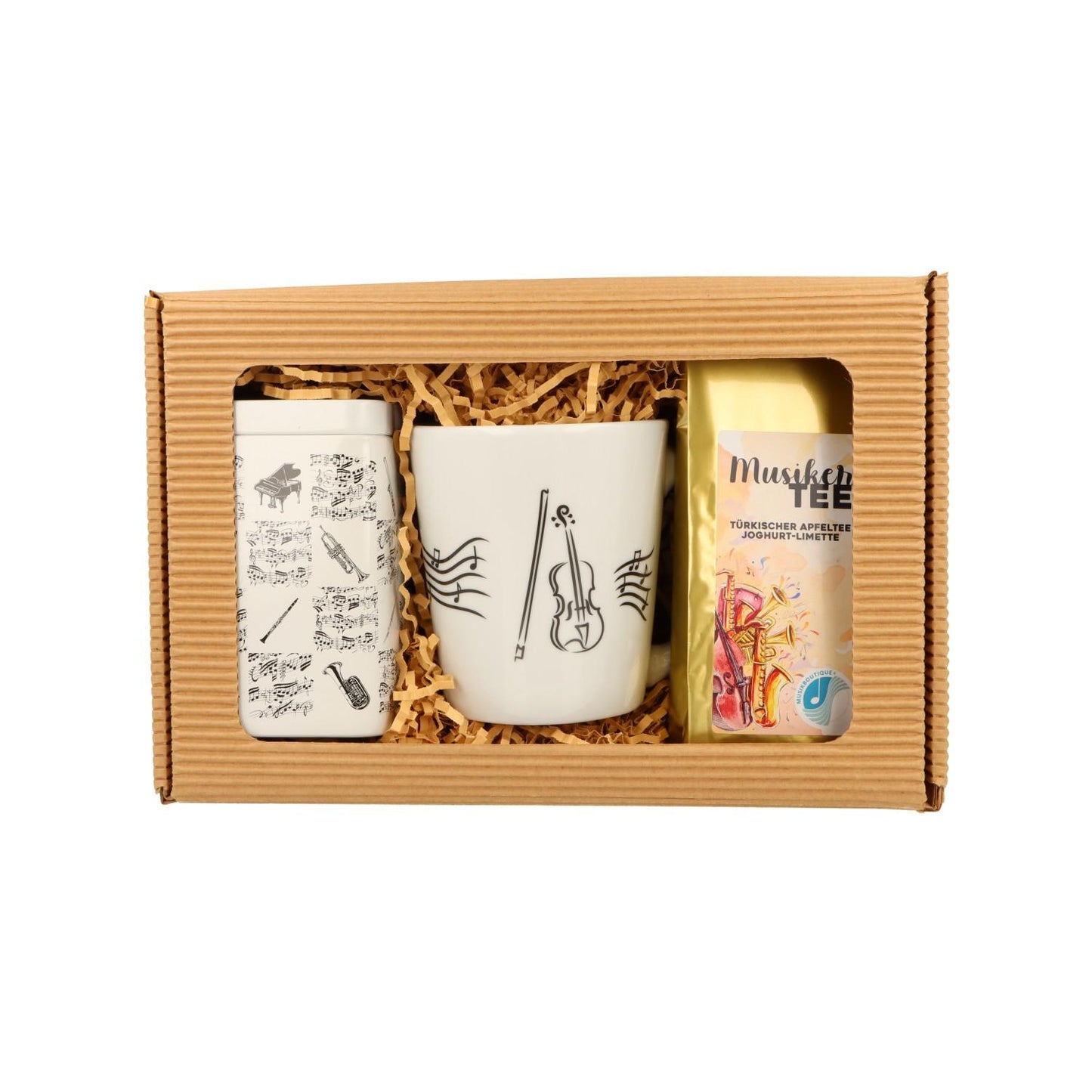 Geschenkset mit Musik-Henkelbecher, Musikertee und Teedose