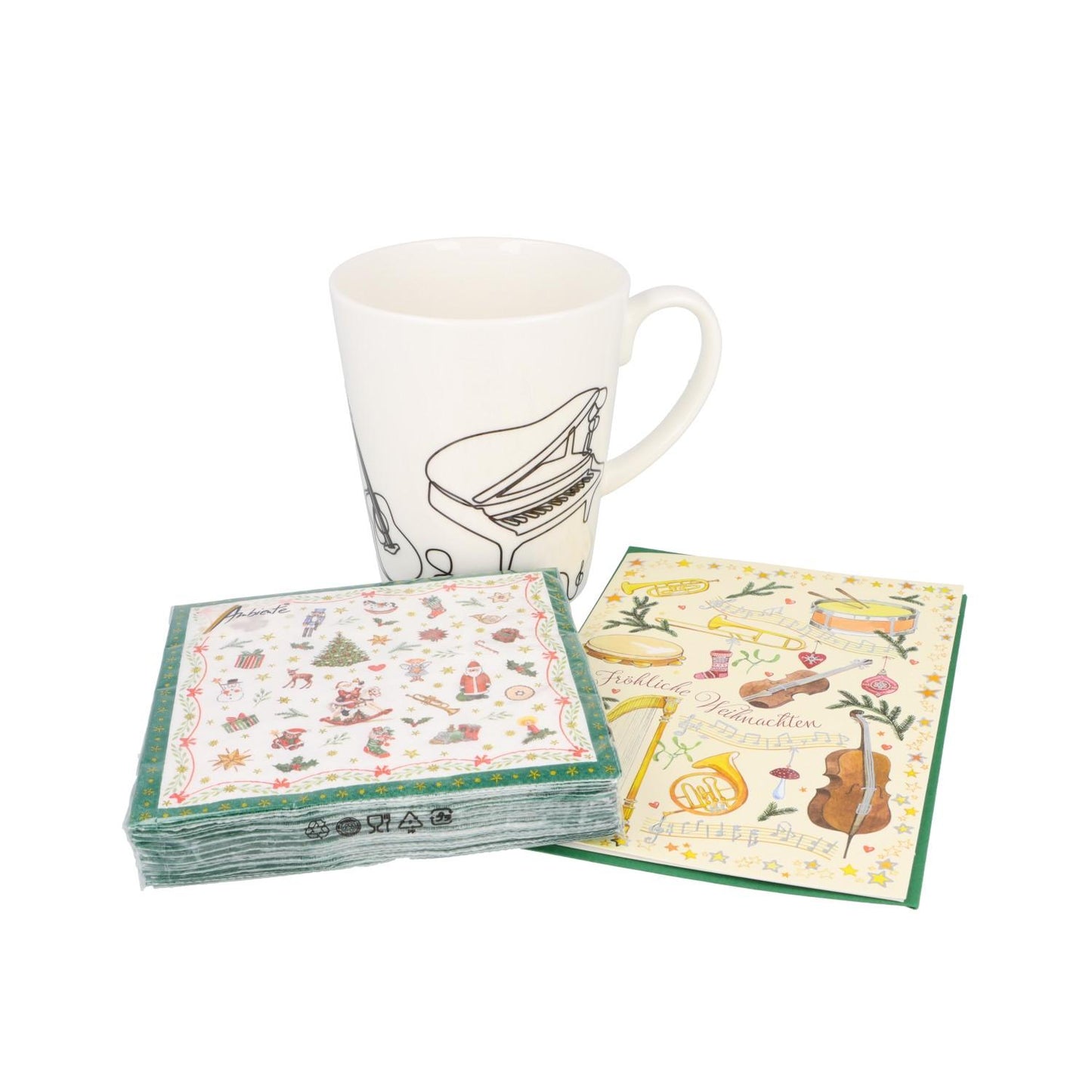 Geschenkset Wunderbar-Becher Instrumente, Servietten Ornaments (Cocktailformat) und Doppelkarte Fröhliche Weihnachten
