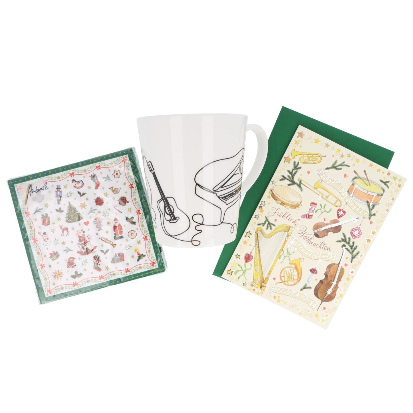 Geschenkset Wunderbar-Becher Instrumente, Servietten Ornaments (Cocktailformat) und Doppelkarte Fröhliche Weihnachten
