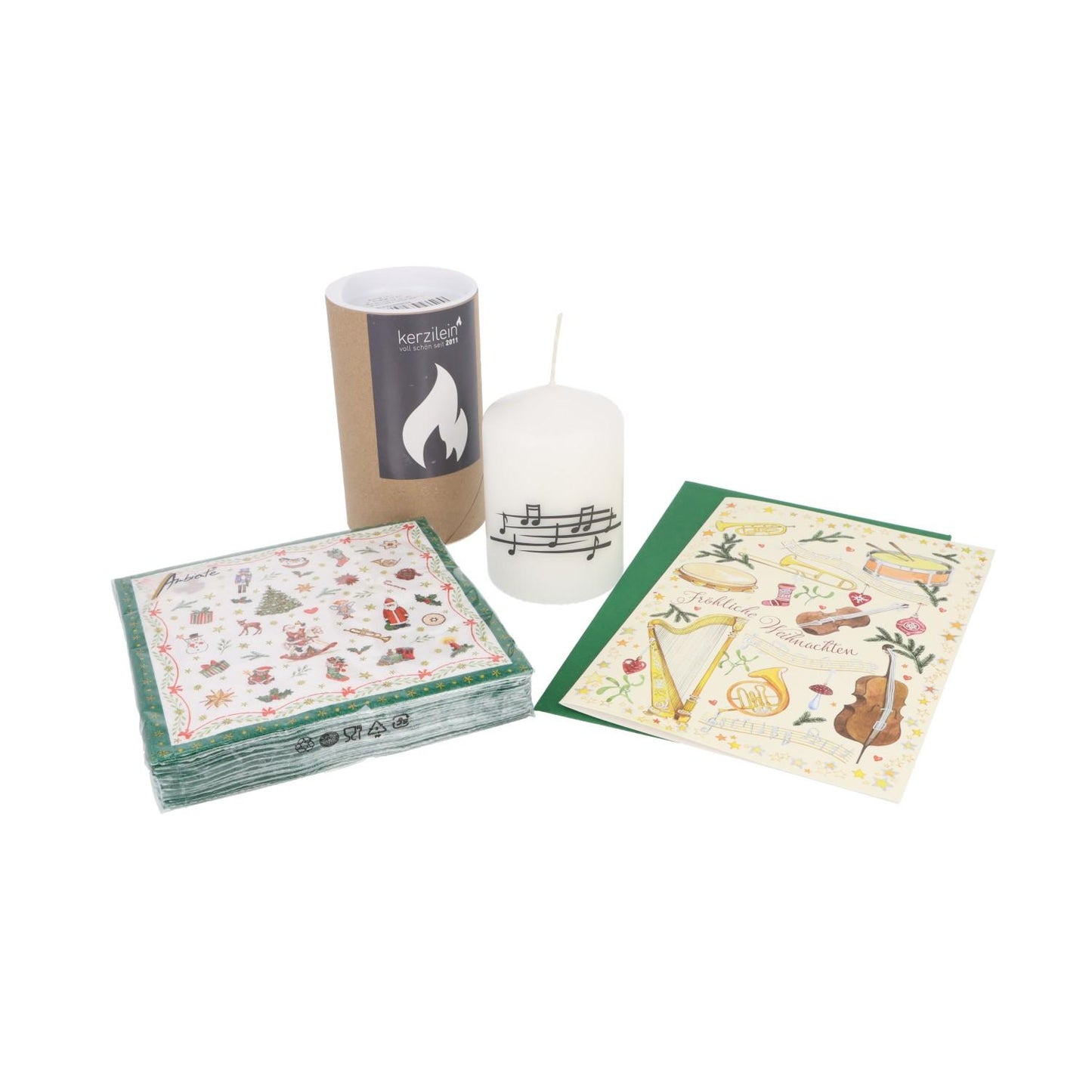 Geschenkset Kerze mit Notenlinie in Geschenkverpackung, Servietten Ornaments (Cocktailformat) und Doppelkarte Fröhliche Weihnachten