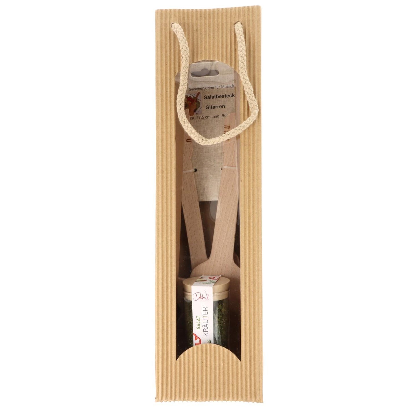 Geschenkset Gitarren-Salatbesteck und Salat-Kräuter-Gewürzmischung im Gewürzglas in Tragetasche