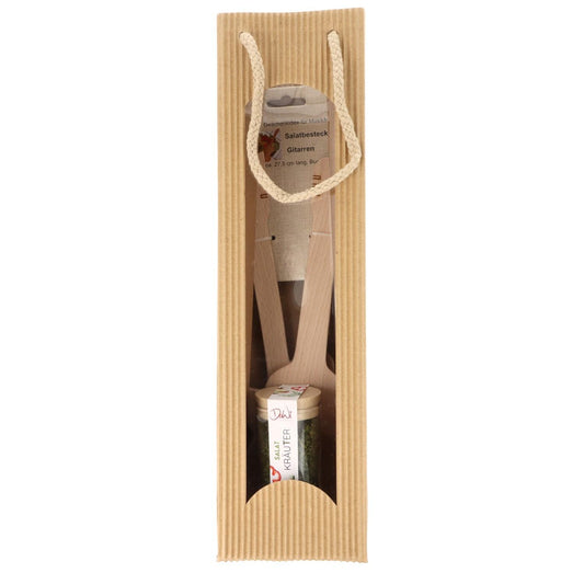 Geschenkset Gitarren-Salatbesteck und Salat-Kräuter-Gewürzmischung im Gewürzglas in Tragetasche