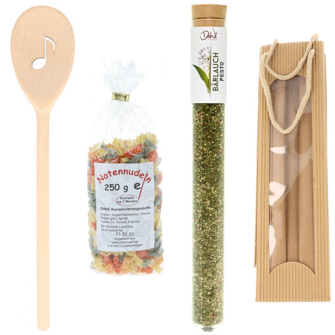 Geschenkset mit Kochlöffel, Notennudeln und Bärlauch Pesto ST XL, 20 g im Glas in Tragetasche