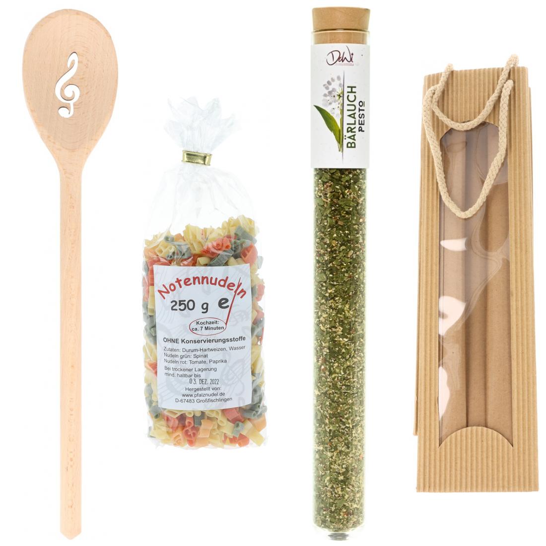 Geschenkset mit Kochlöffel, Notennudeln und Bärlauch Pesto ST XL, 20 g im Glas in Tragetasche