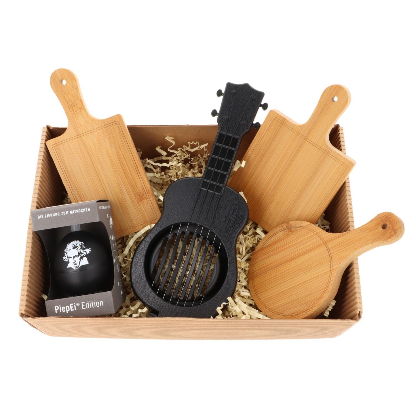 Geschenkset mit musikalischem PiepEi, Ukulele-Eierschneider und Mini-Brettchen in Faltschachtel