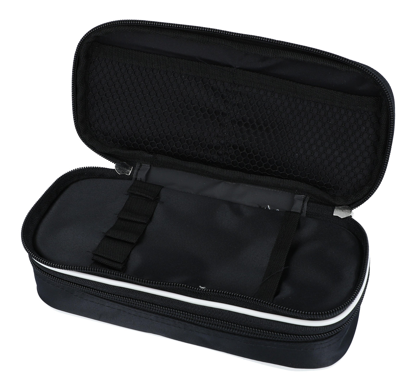 Pencil case with handle, black with treble clef and music lines