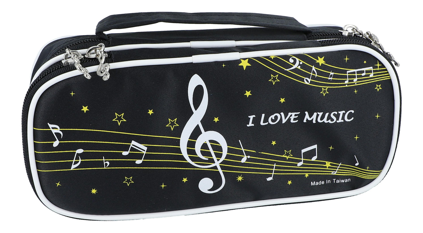 Pencil case with handle, black with treble clef and music lines