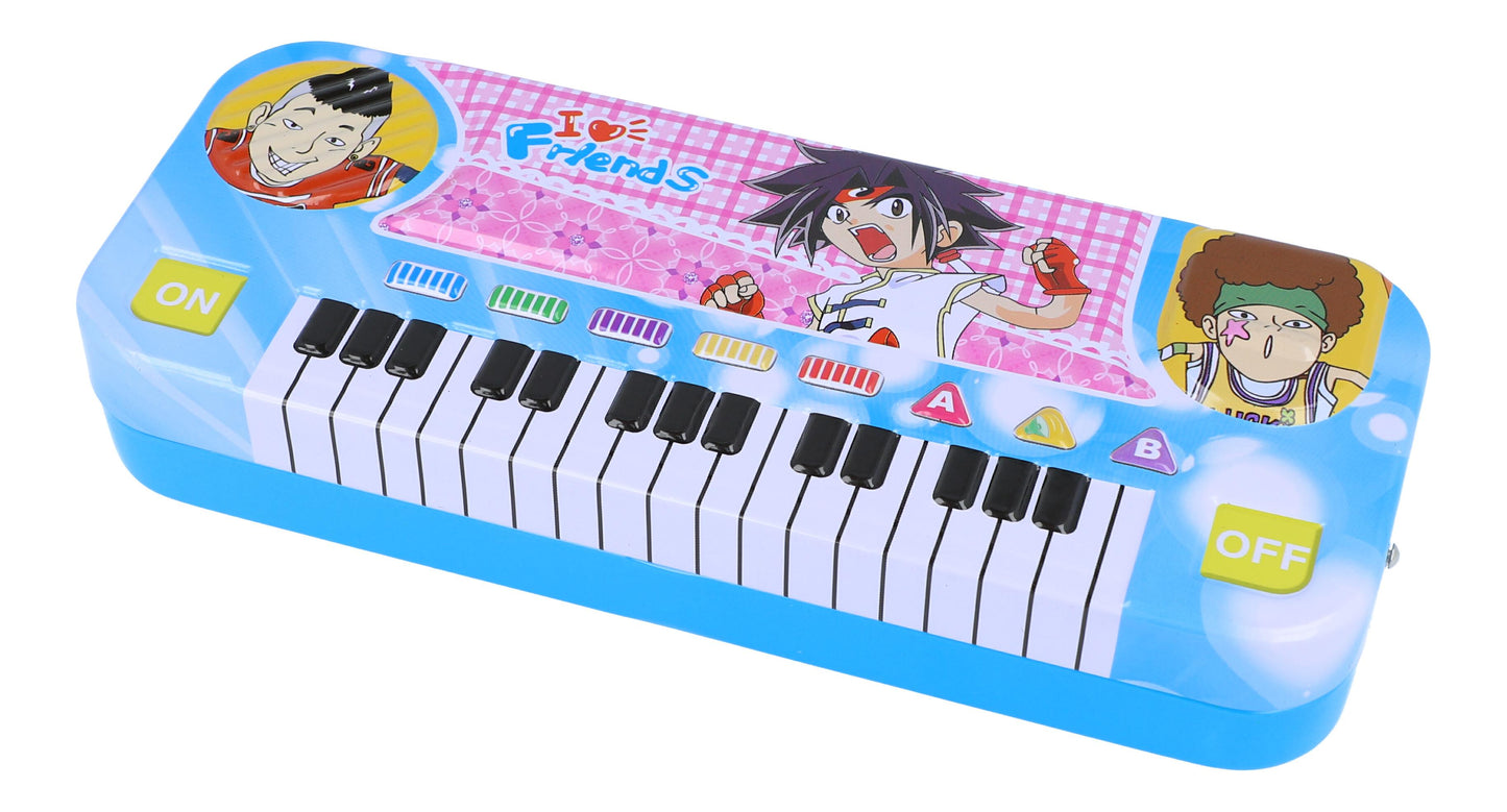 colorful pencil box with keyboard and "I love friends" motifs