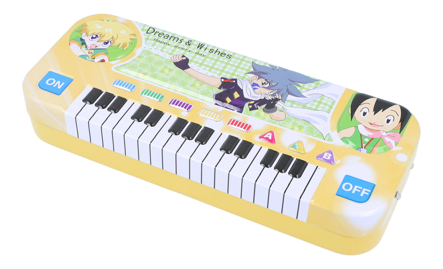 colorful pencil box with keyboard and "I love friends" motifs