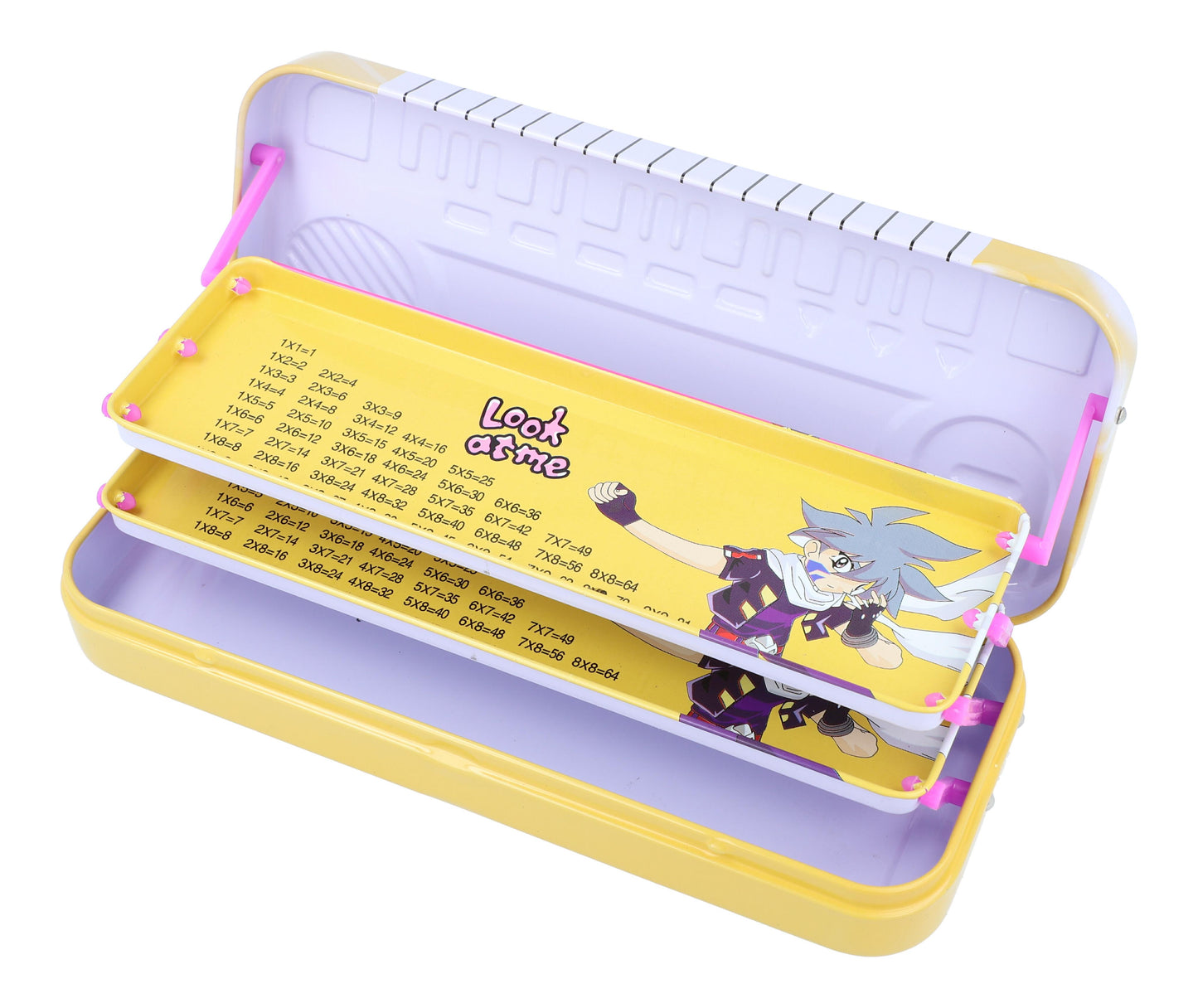 colorful pencil box with keyboard and "I love friends" motifs