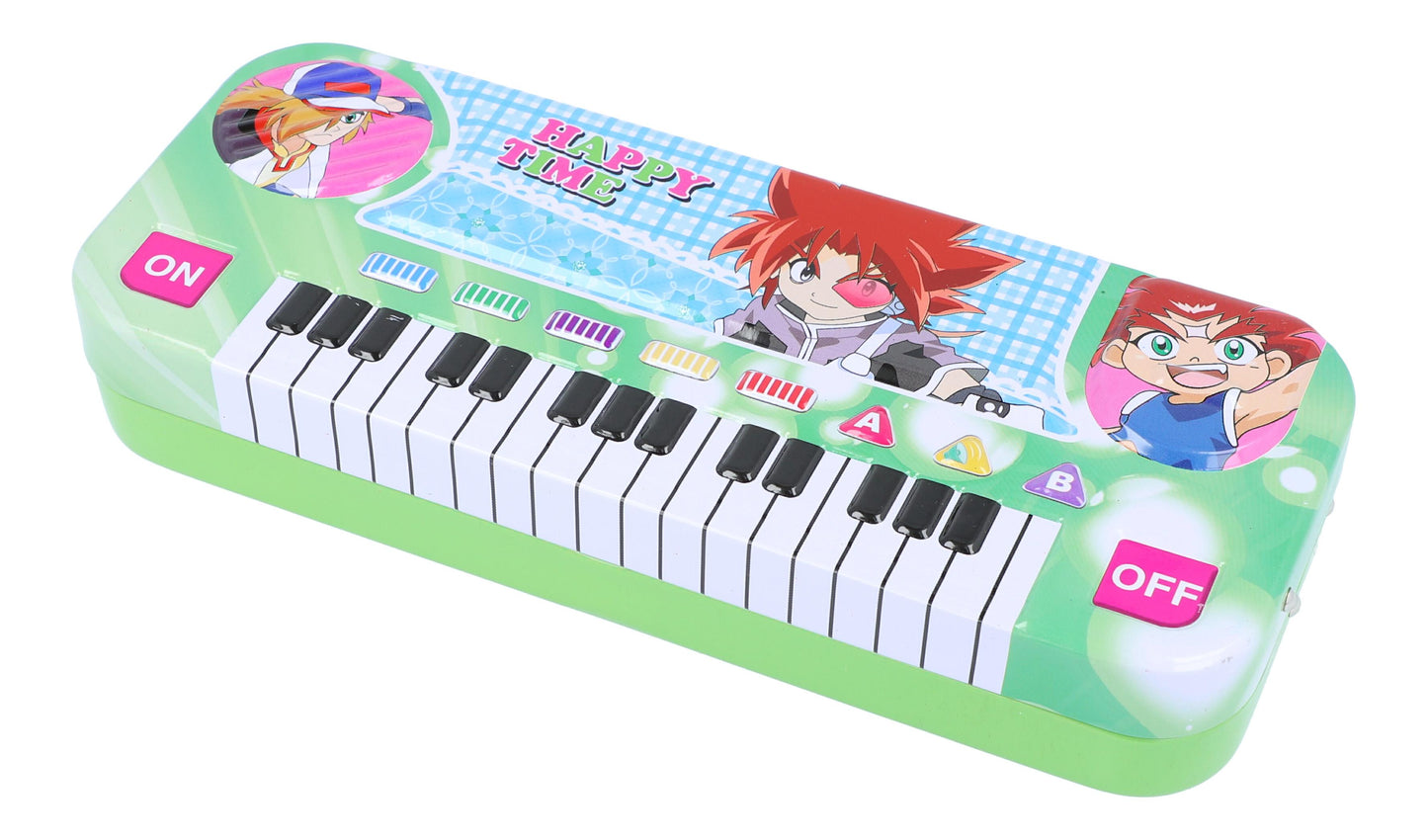 colorful pencil box with keyboard and "I love friends" motifs
