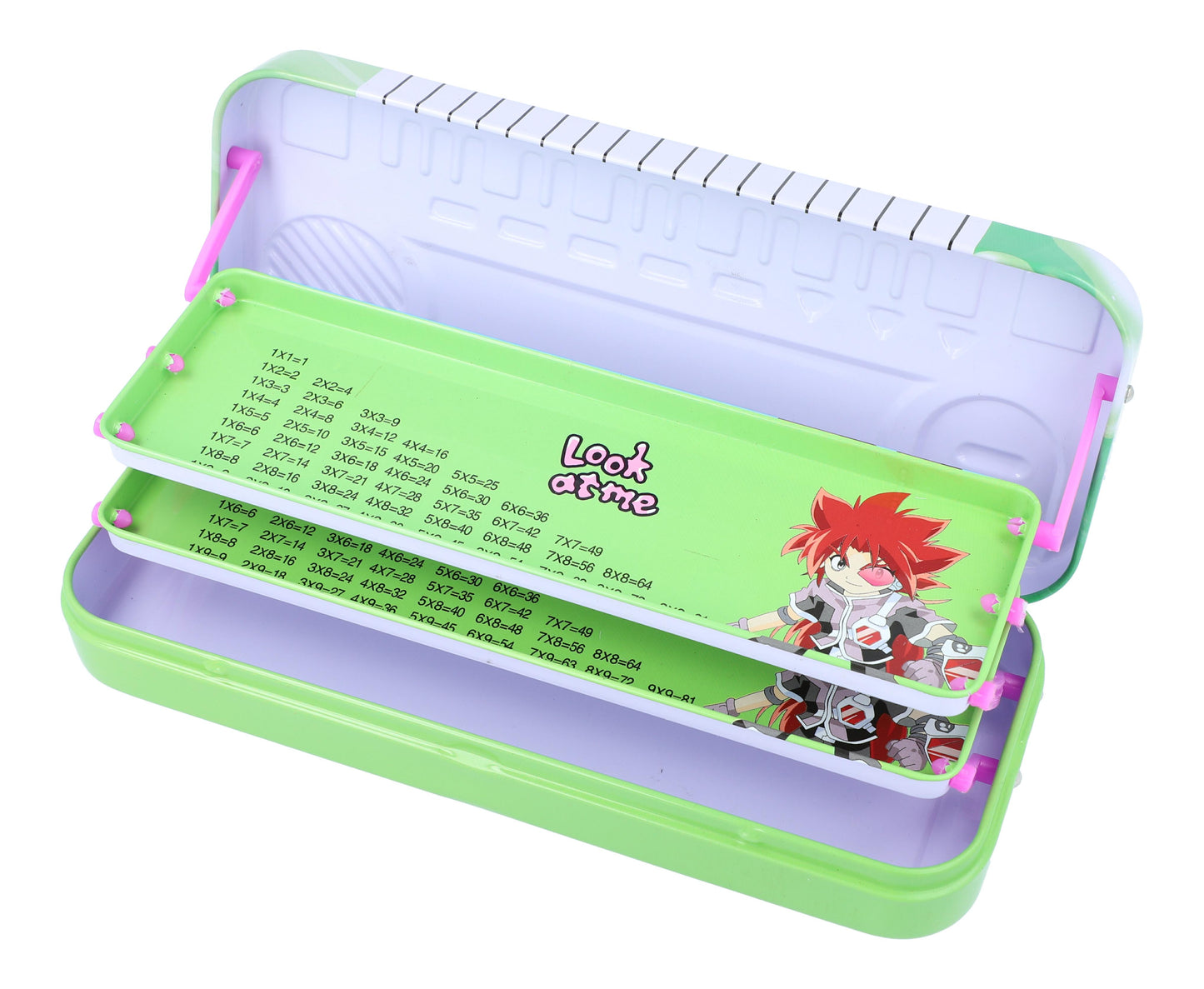 colorful pencil box with keyboard and "I love friends" motifs