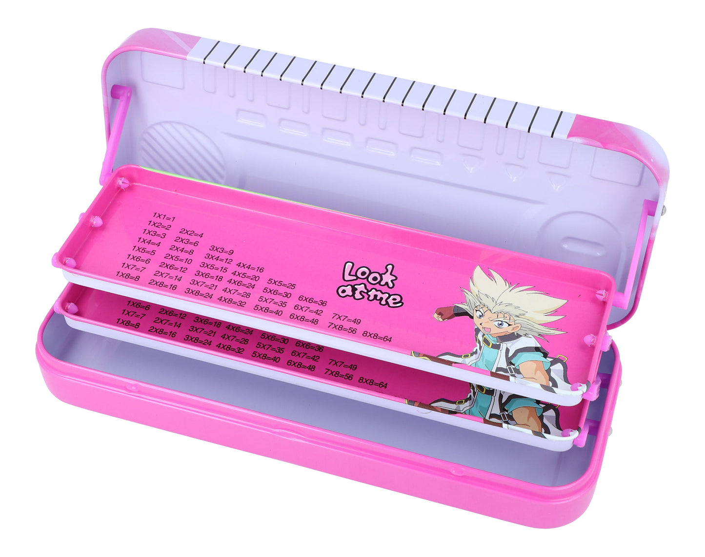 colorful pencil box with keyboard and "I love friends" motifs