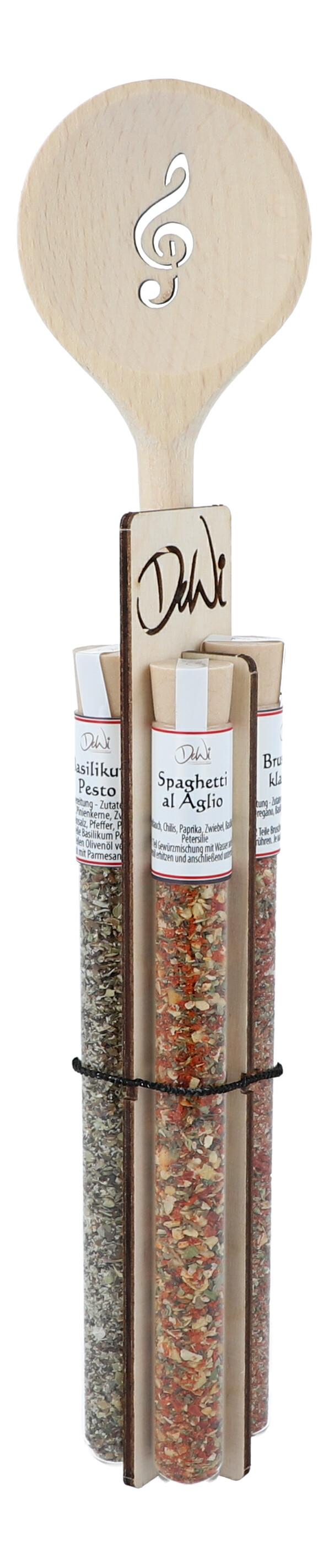 Geschenkset Violinschlüssel-Kochlöffel mit Gewürzen im Reagenzglas
