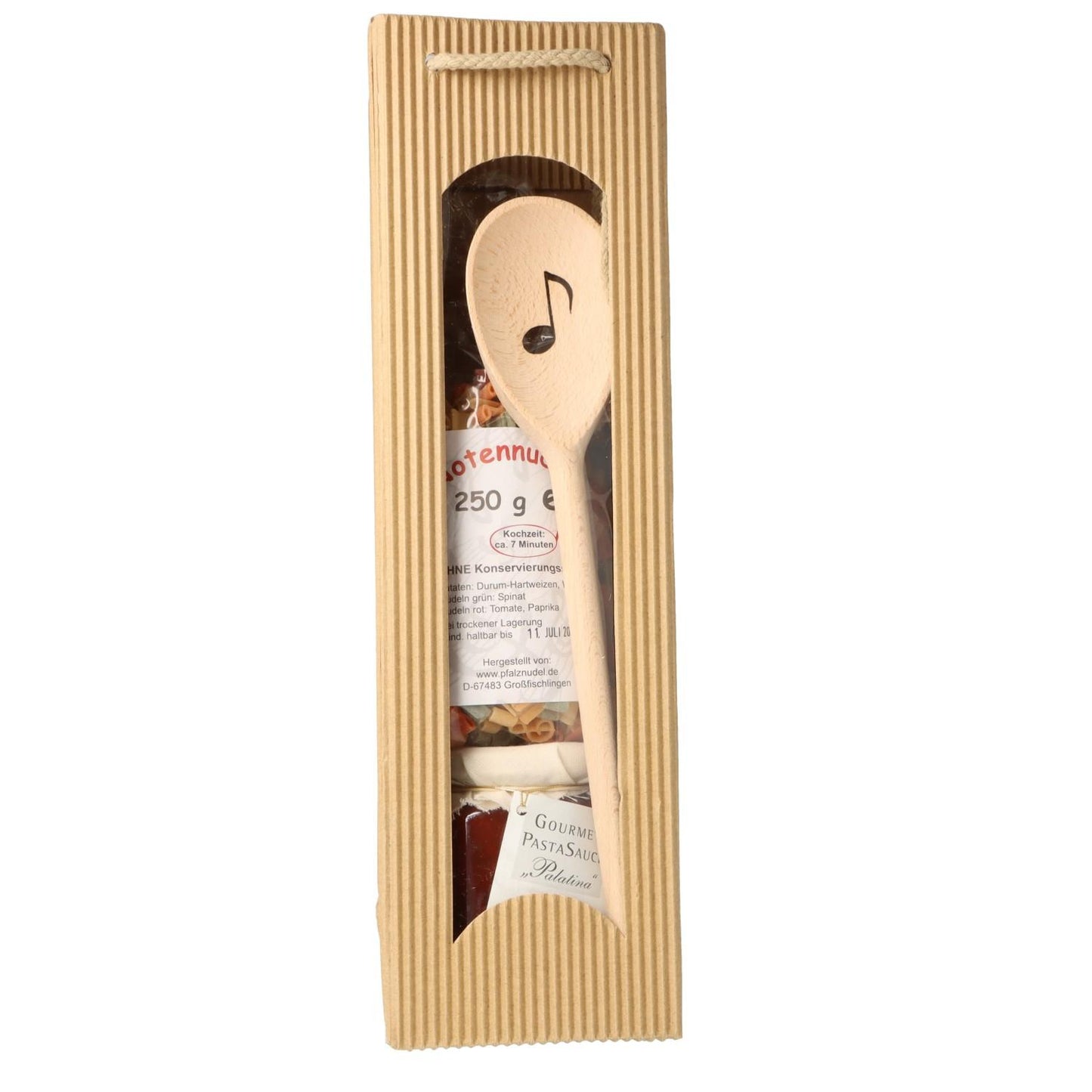 Geschenkset mit Noten-Nudeln, Achtelnote-Kochlöffel und Pastasauce in Tragetasche