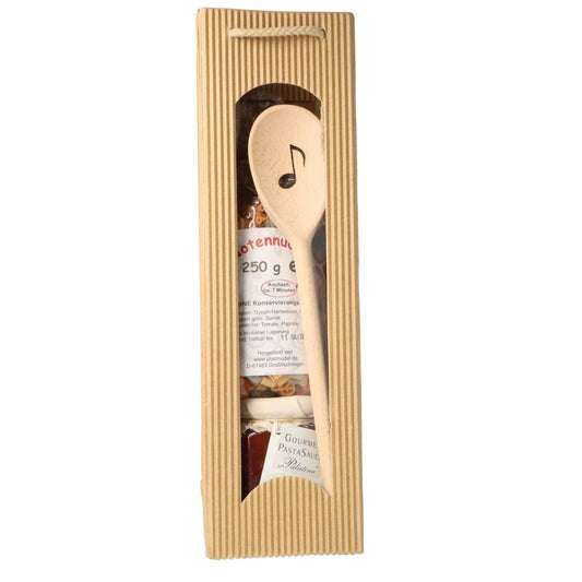 Geschenkset mit Noten-Nudeln, Achtelnote-Kochlöffel und Pastasauce in Tragetasche