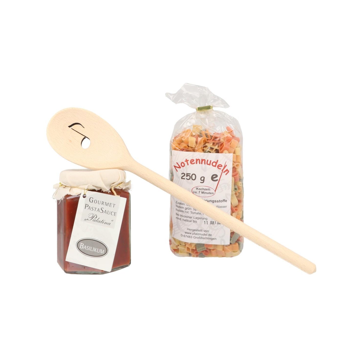 Geschenkset mit Noten-Nudeln, Achtelnote-Kochlöffel und Pastasauce in Tragetasche