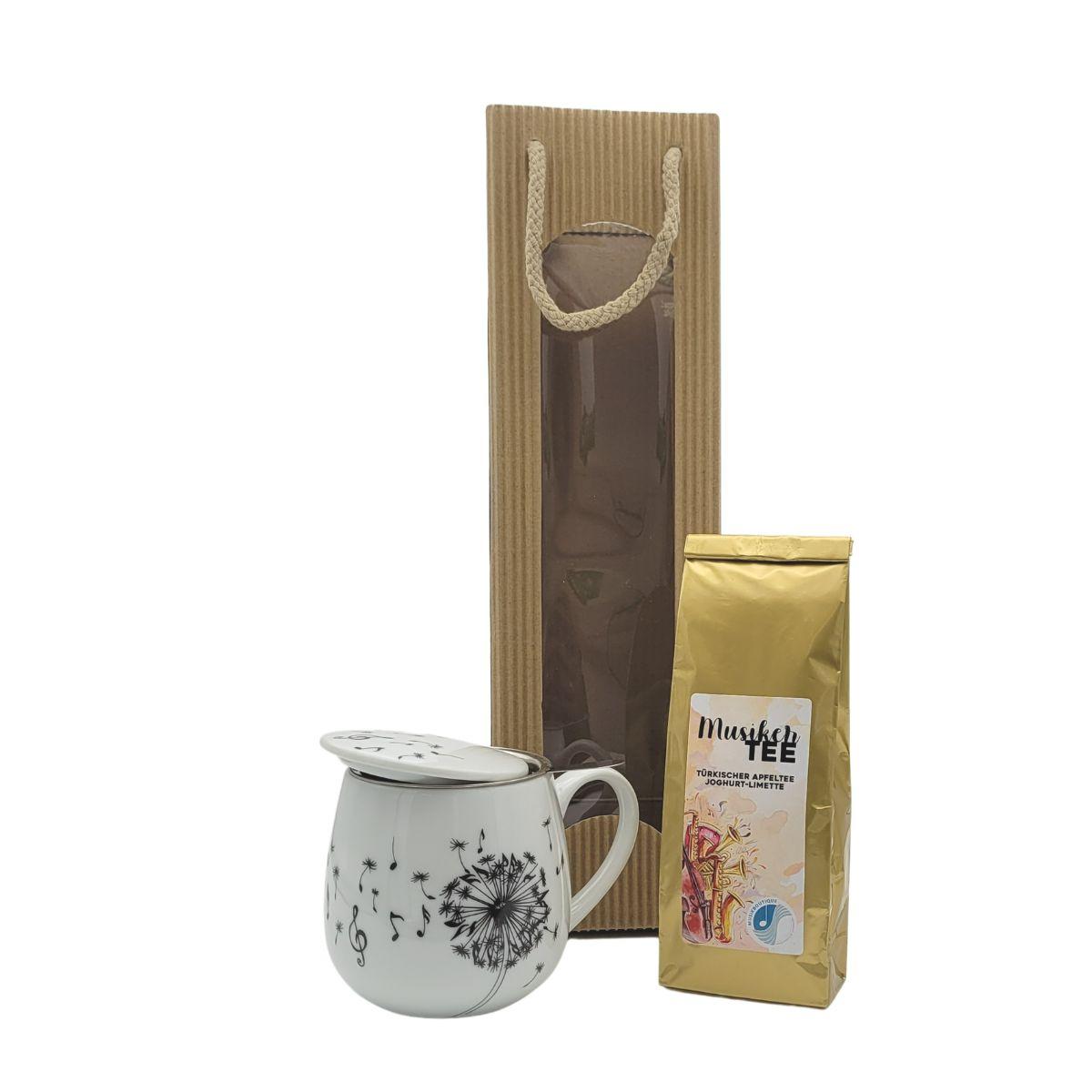 Geschenkset Kuschelbecher Pusteblume mit Noten, Teesieb, Deckel und Musikertee in Tragetasche Welle natur