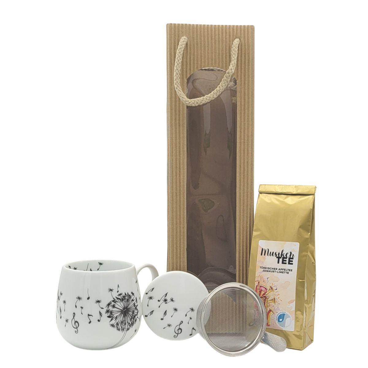 Geschenkset Kuschelbecher Pusteblume mit Noten, Teesieb, Deckel und Musikertee in Tragetasche Welle natur