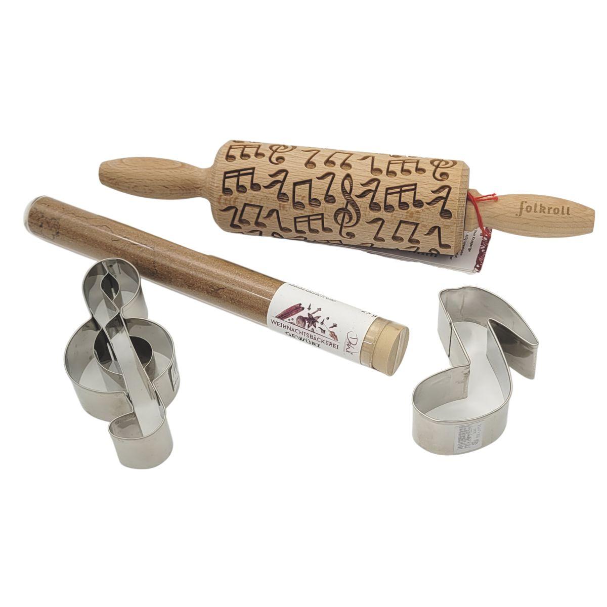 Weihnachtsbäckerei Geschenkset mit Motiv-Wellholz Musik, Ausstecher und Gewürz