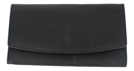 black leather wallet in wide format with embossed treble clef