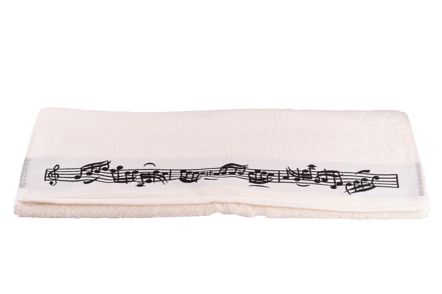 cremefarbenes Duschtuch mit Notenbordüre und eingewebtem Violinschlüssel, Noten, Notenzeile